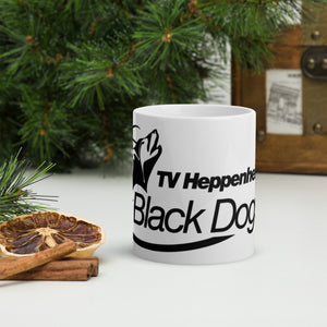 Weiße, glänzende Tasse TVH Black Dogs